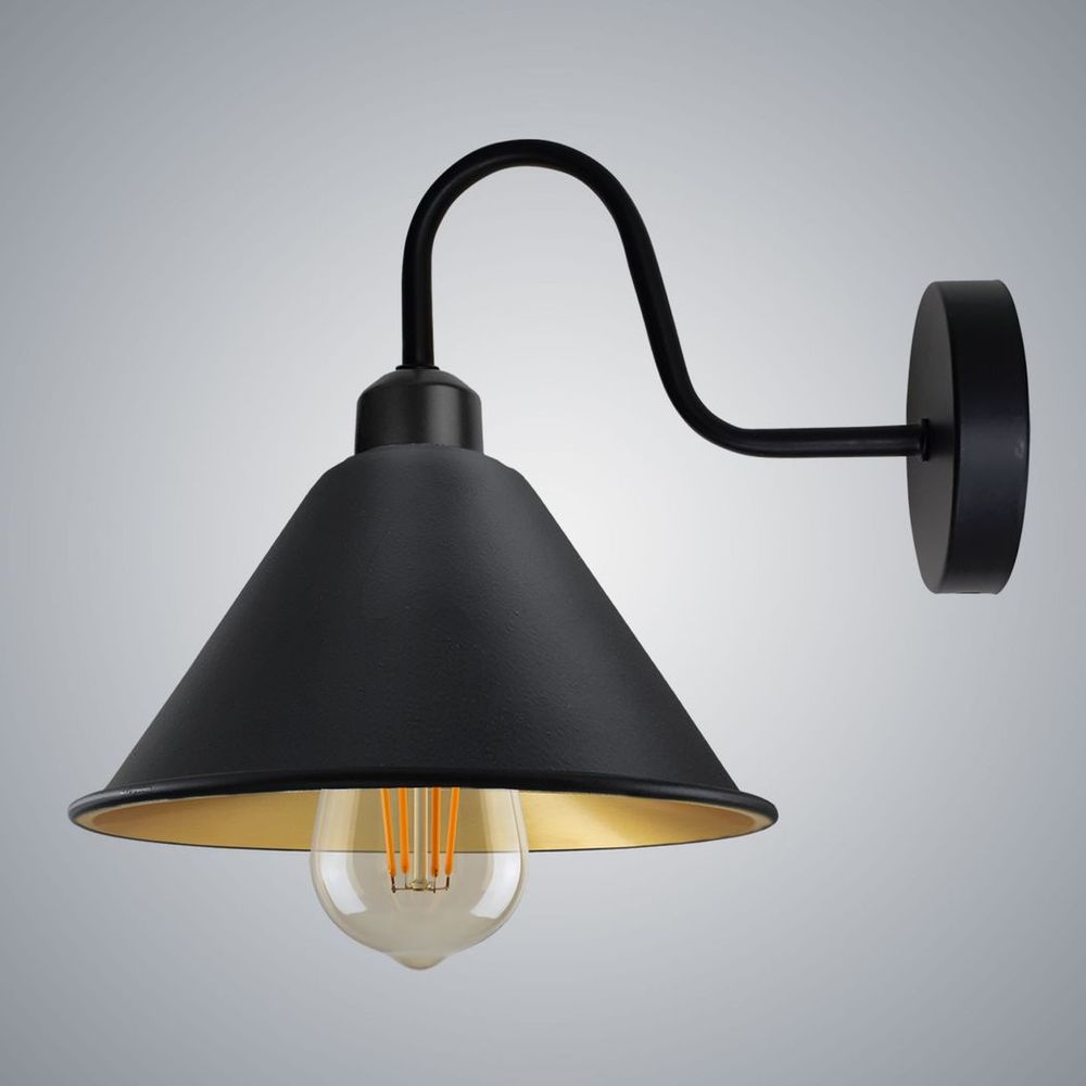 Vintage Black Gold Wall Light Fixture | E27 Base | Cone Shape Shade | Swan Neck