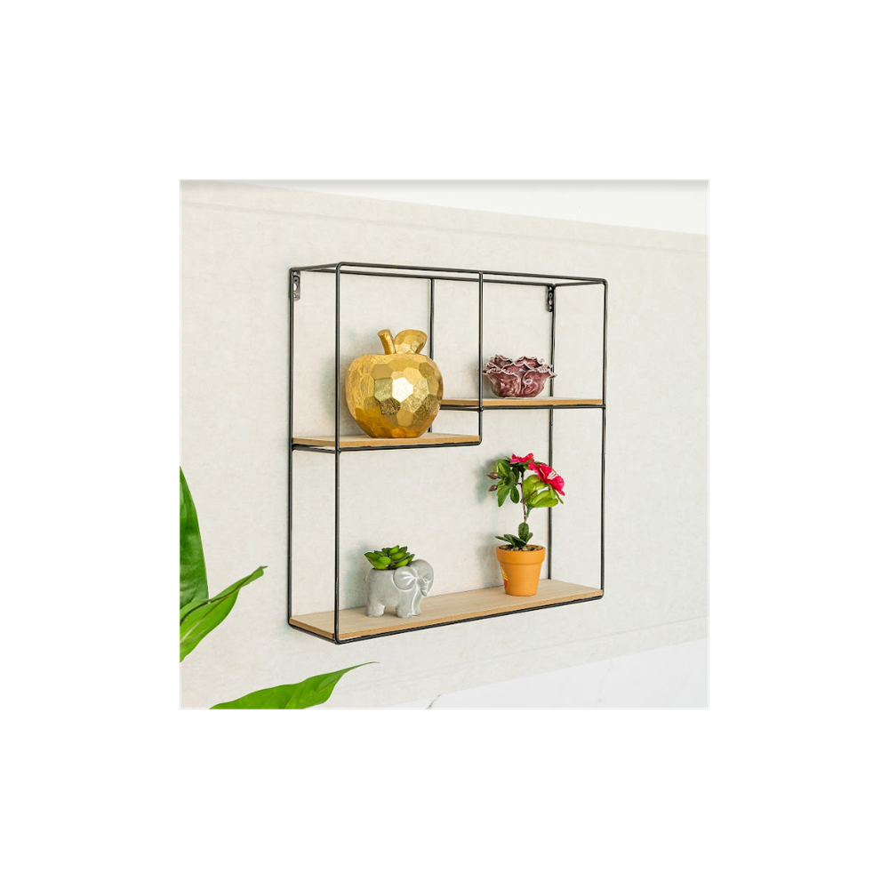 SHLEDECOR Square Black Wall Unit with Shelves Metal and Wood Multi Section