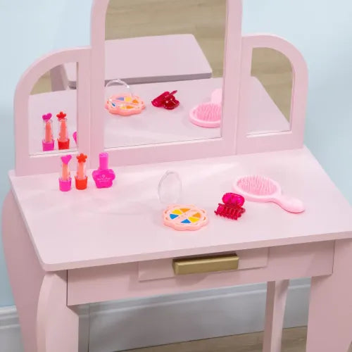 HOMCOM Kids Dressing Table and Stool Kids Vanity Set Makeup Desk w/Mirror, Drawer, for Ages 3-6 Years - Pink