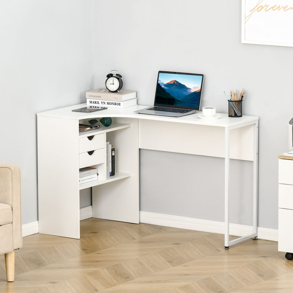 Modern L-Shaped Corner Desk w/ Storage Shelves - White