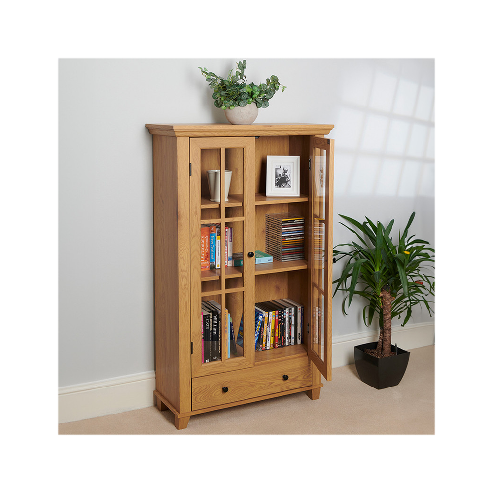 Greenhurst Display Cabinet, Media Storage with Shelving and Drawer, Double Perspex Doors H132.5 W76cm D30cm (Oak)