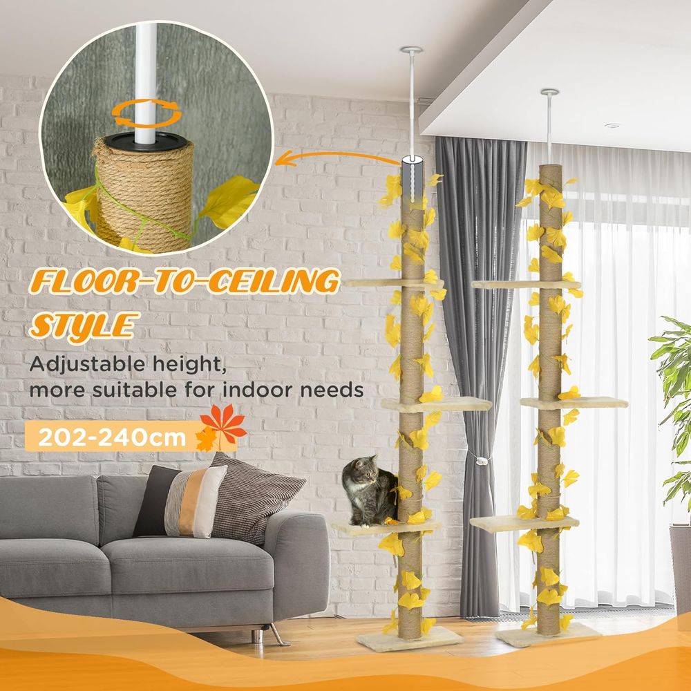 Adjustable 242cm Floor-To-Ceiling Cat Tree - Anti-Slip - Yellow