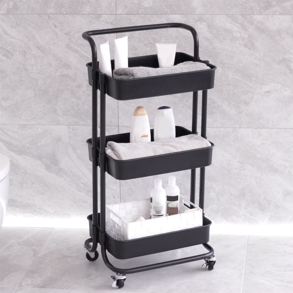 3 Tier Black Storage Trolley | M&W | Easy Assembly | Rust-Resistant | Versatile