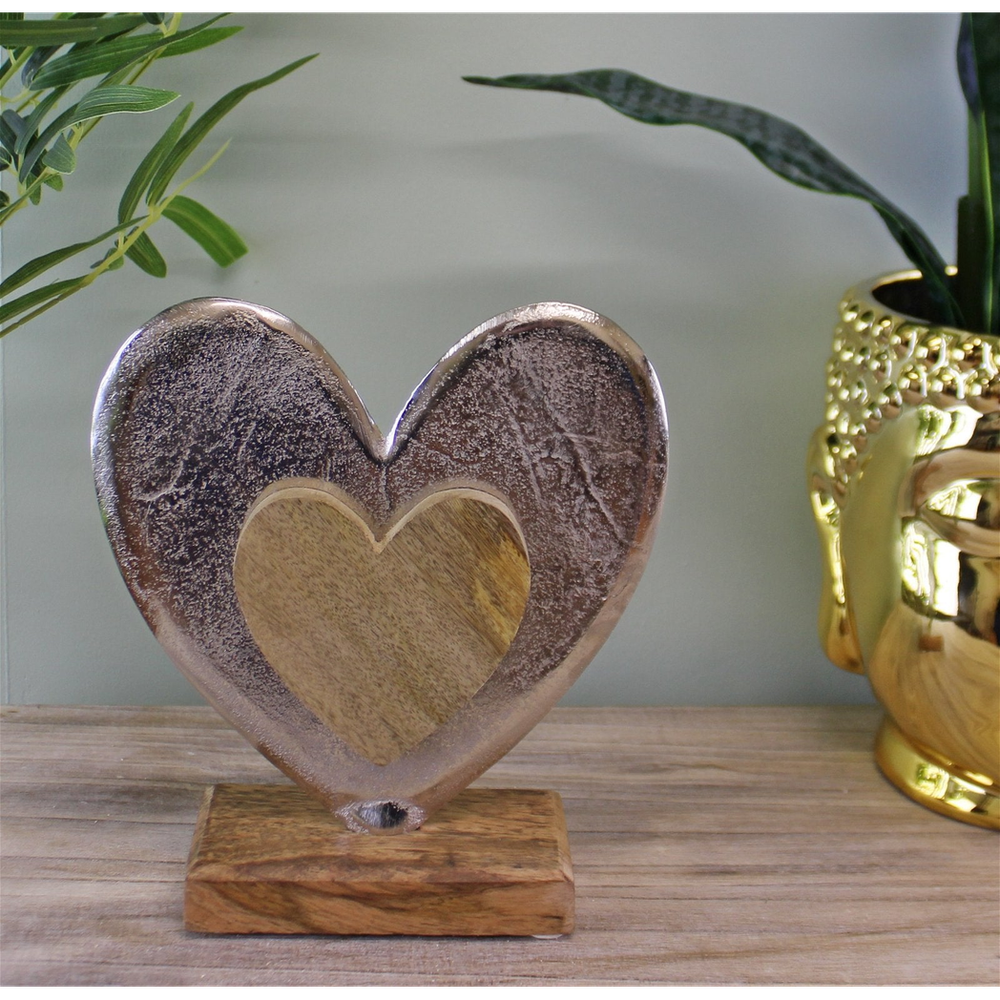 Premium Silver Metal & Wood Standing Heart Decor