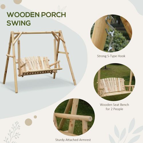 Outdoor 2 Seater Porch Swing Wooden Rustic Patio Bench Hammock w/ Armrest