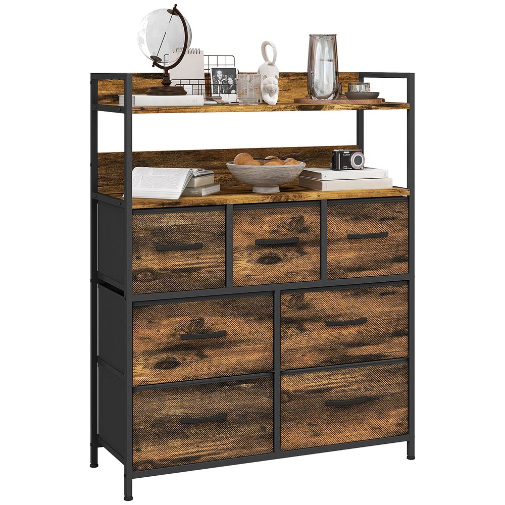 HOMCOM Bedroom Chest of Drawers 7 Drawer Dresser w/ Shelves, Rustic Brown