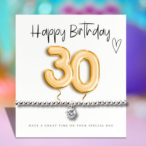 Small 30th Birthday Gold Balloons Gift Hamper - Cubic Zirconia Bracelet, Chocolates & Candle