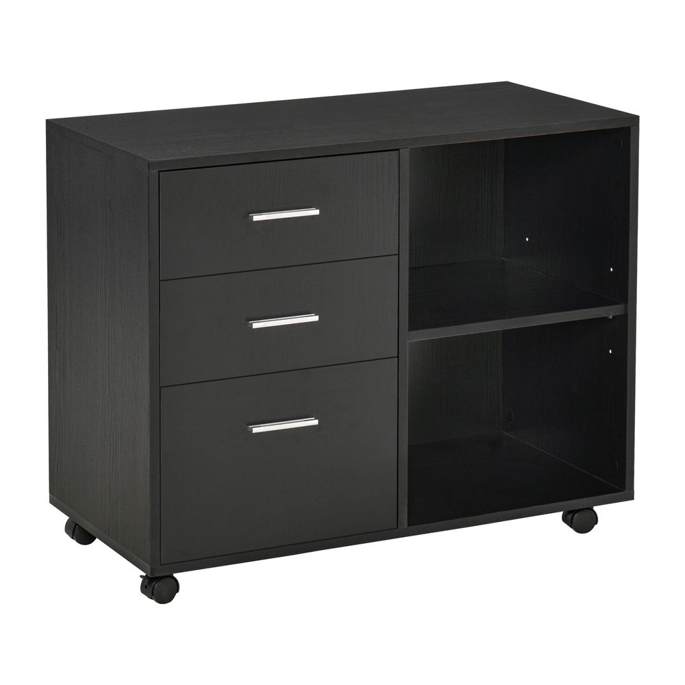HOMCOM Freestanding Printer Stand Unit Office Desk Side Mobile Storage w/Wheels 3 Drawers, 2 Open Shelves Modern Style 80L x 40W x 65H cm - Black