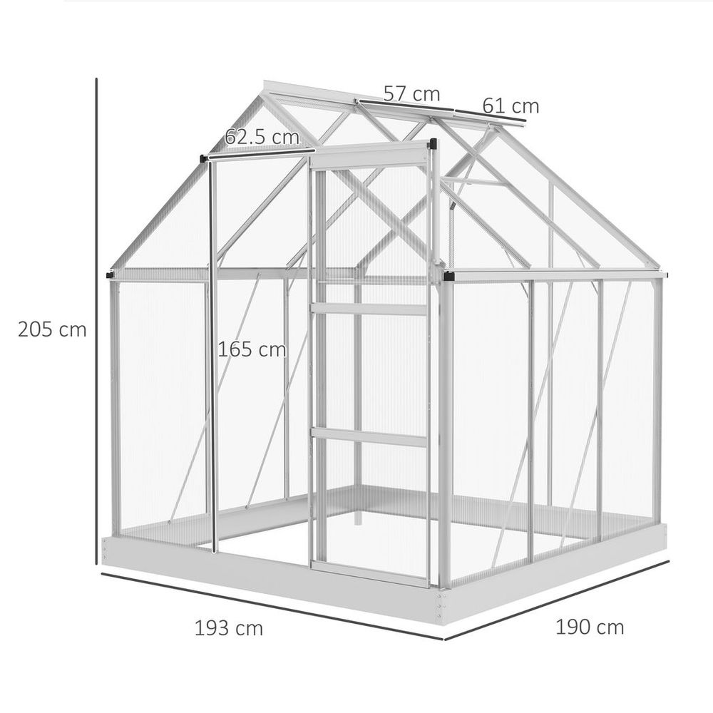 Outsunny 6 x 6ft Walk-In Polycarbonate Greenhouse with Foundation Window Silver