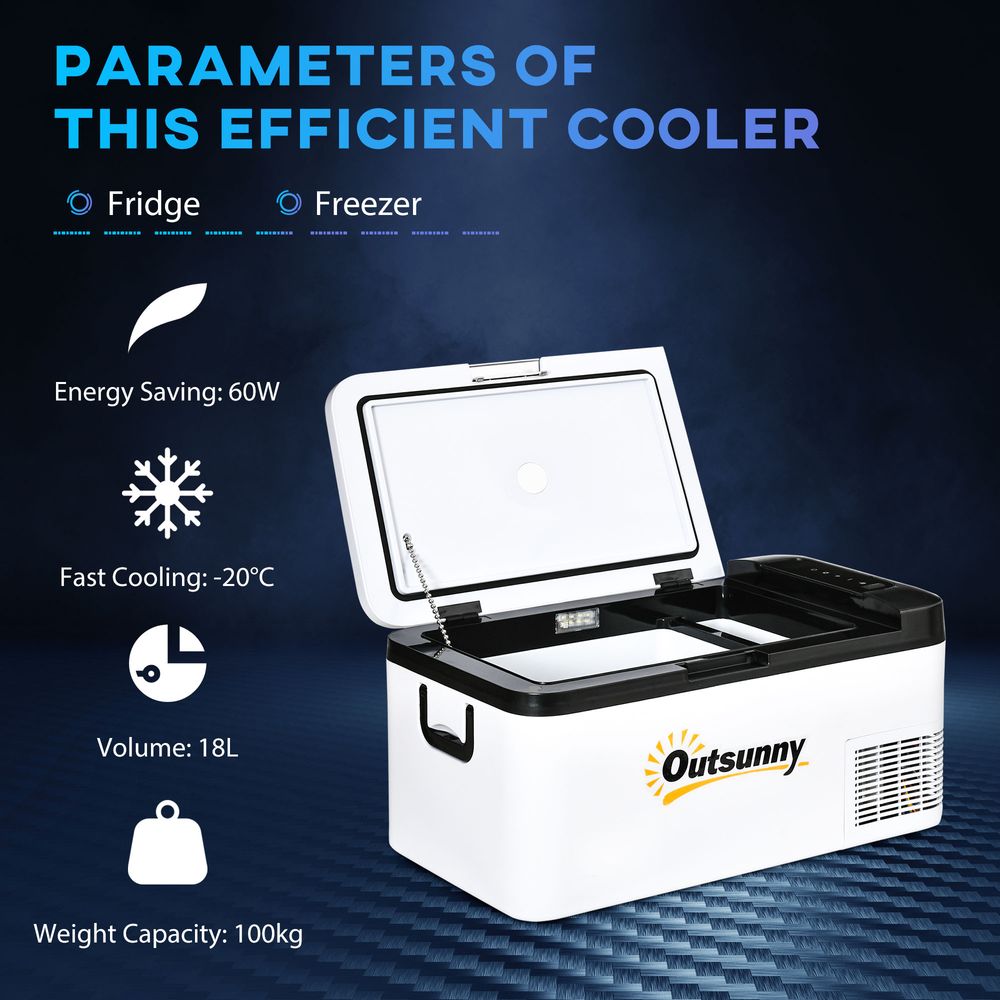 Outsunny 12V Car Refrigerator w/LED Light & Foldable Handles, 18L Portable Compressor Cooler, Fridge Freezer with 12/24V DC and 110-240V AC for Campervan RV Boat Travel
