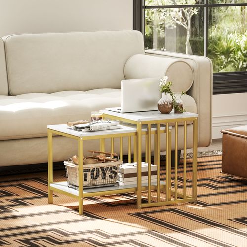 HOMCOM Modern Coffee Table Set of Two w/ Steel Frame Marble-Effect