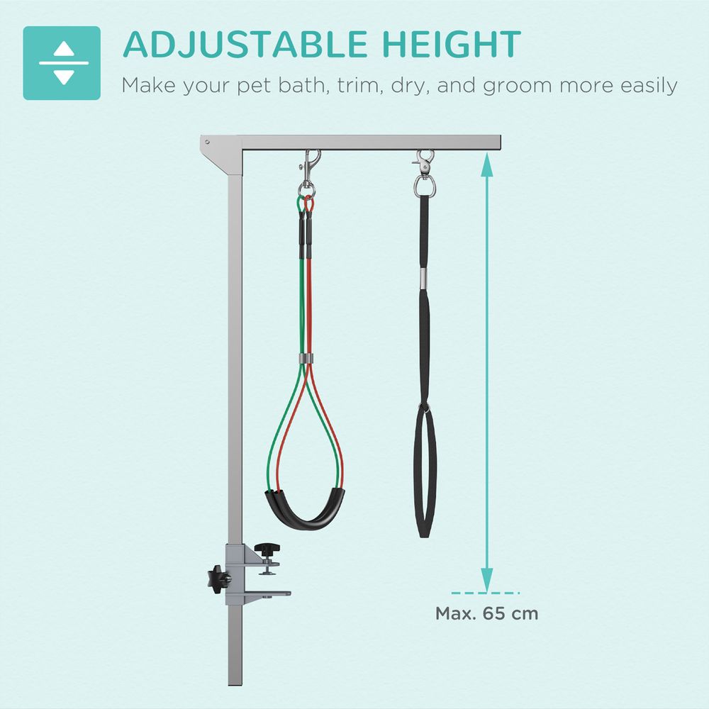PawHut Foldable Pet Grooming Arm w/Clamp 30 Inch Height Adjustable, Dog Grooming Loop, Two No Sit Haunch Holders for Small Medium Dogs, Sliver