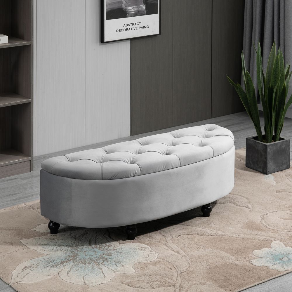 HOMCOM Semi-Circle Bed End Bench Ottoman with Storage Tufted Upholstered Accent Seat Footrest Stool with Rubberwood Legs for Bedroom & Entryway, Dark Grey