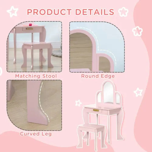 HOMCOM Kids Dressing Table and Stool Kids Vanity Set Makeup Desk w/Mirror, Drawer, for Ages 3-6 Years - Pink