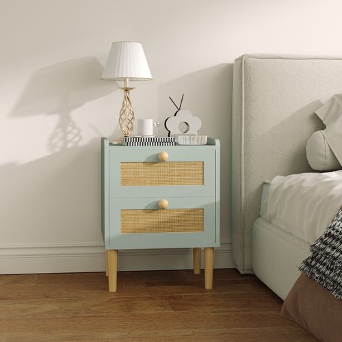 HOMCOM Boho Rattan Bedroom Chest of Drawers, 2 Drawer Dresser, Light Blue