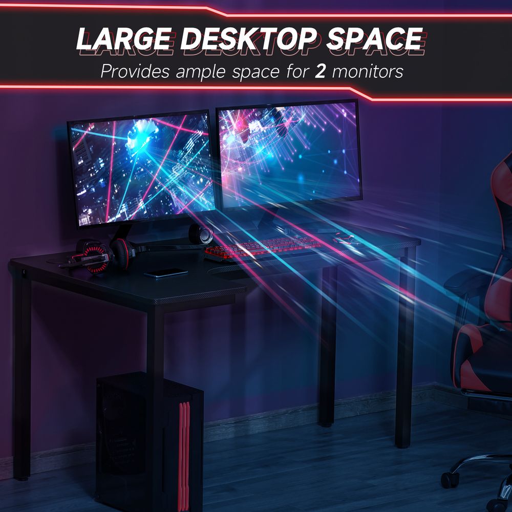 L-Shaped Corner Wood Computer Workstation - Black. Ergonomic, spacious, and durable. Trust the best quality for all your work and gaming needs!