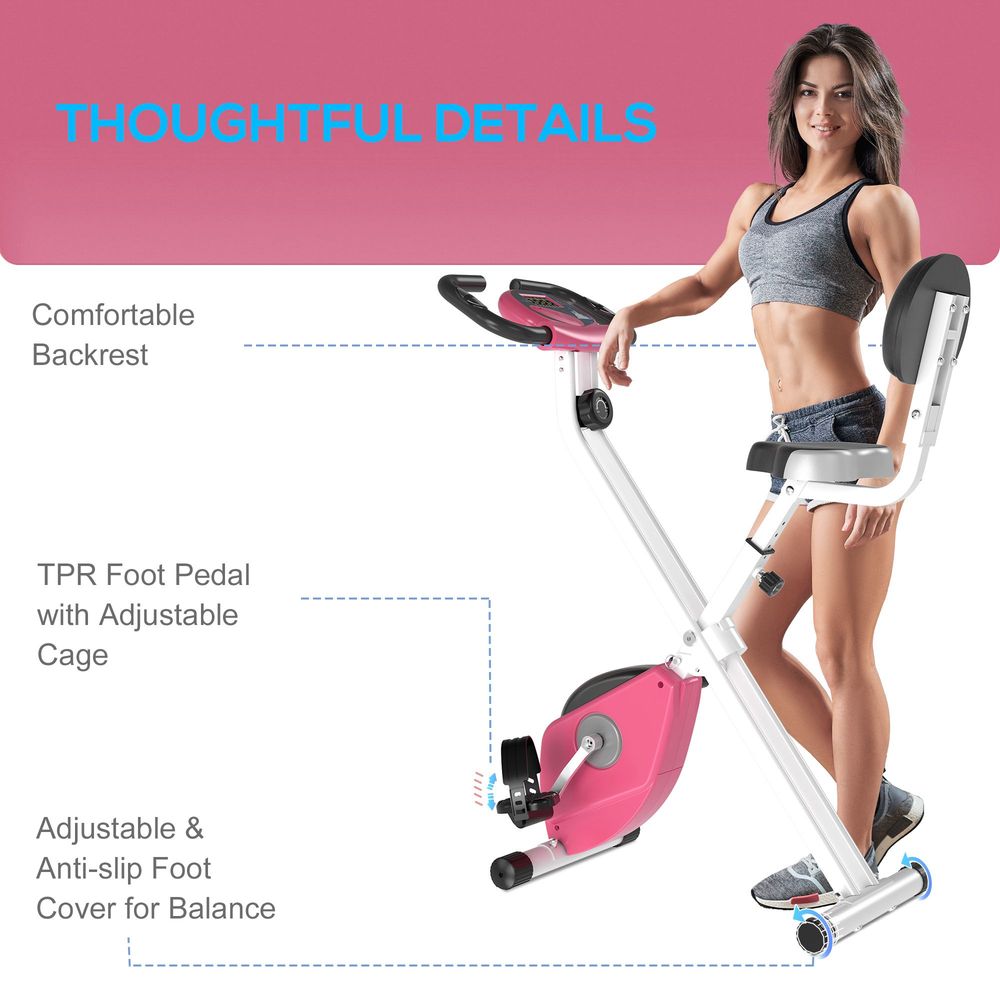 HOMCOM Foldable Pink Exercise Bike LCD Adjustable Seat