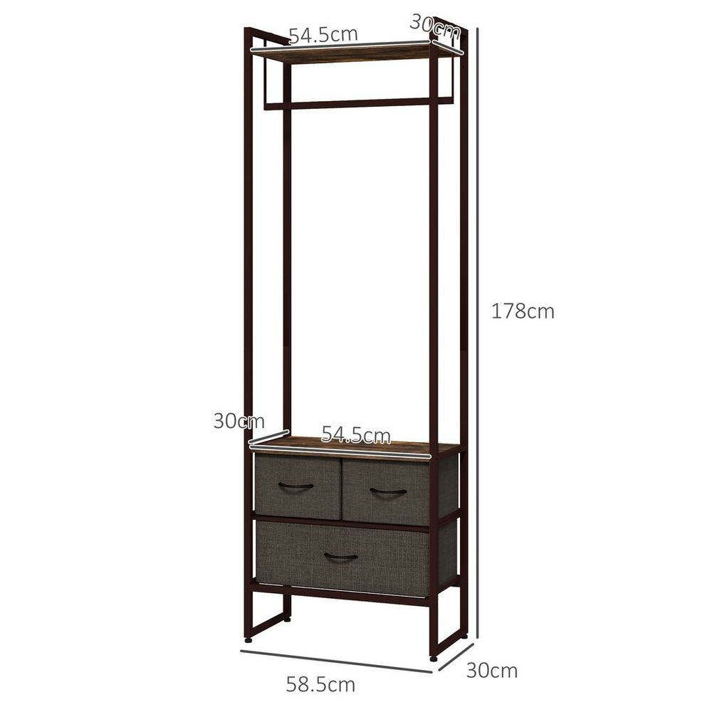 HOMCOM Clothes Hanging Rail + 3 Fabric Drawers | Quality Storage Shelves | Multi-Purpose for Hallway
