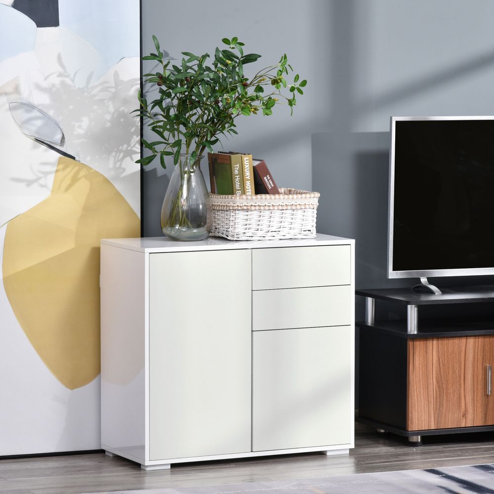 HOMCOM High Gloss Frame Sideboard, Side Cabinet, Push-Open Design with 2 Drawer for Living Room, Bedroom, White