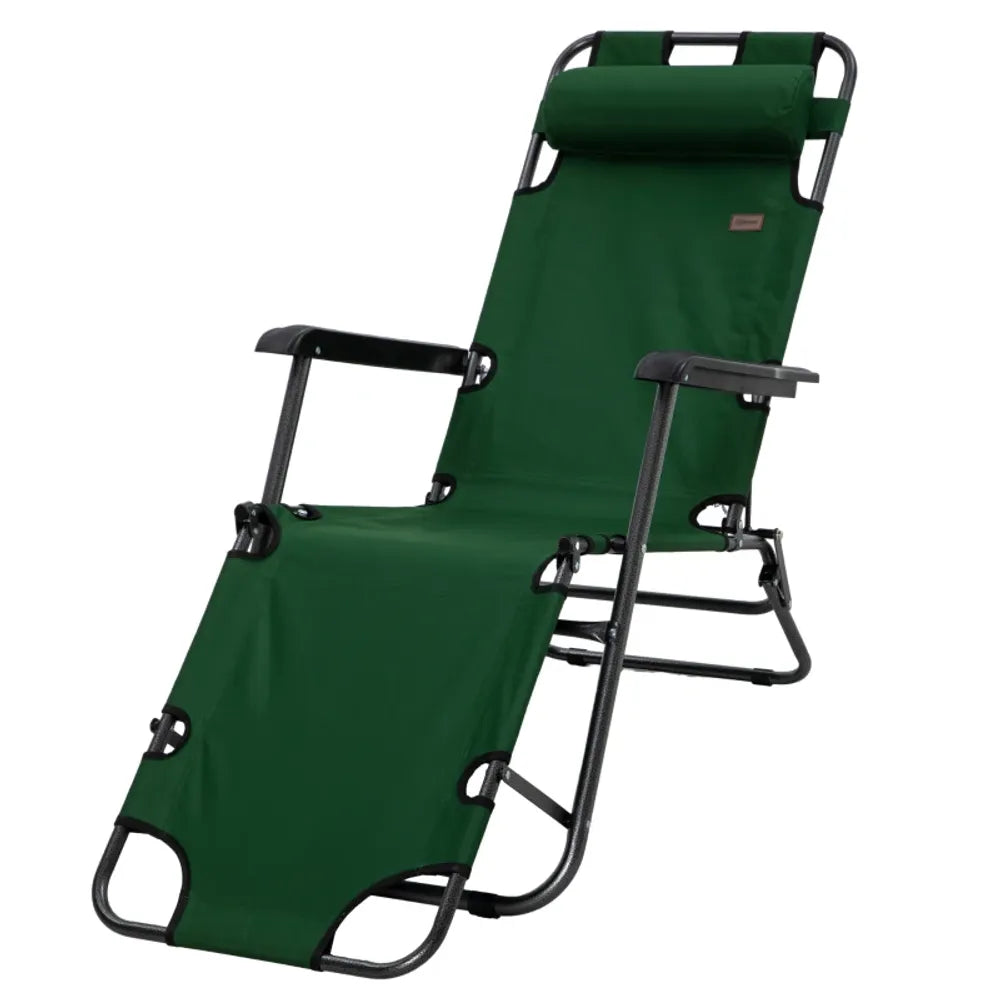 Premium Outsunny 2-in-1 Outdoor Folding Sun Lounger | Adjustable Back & Pillow | Green