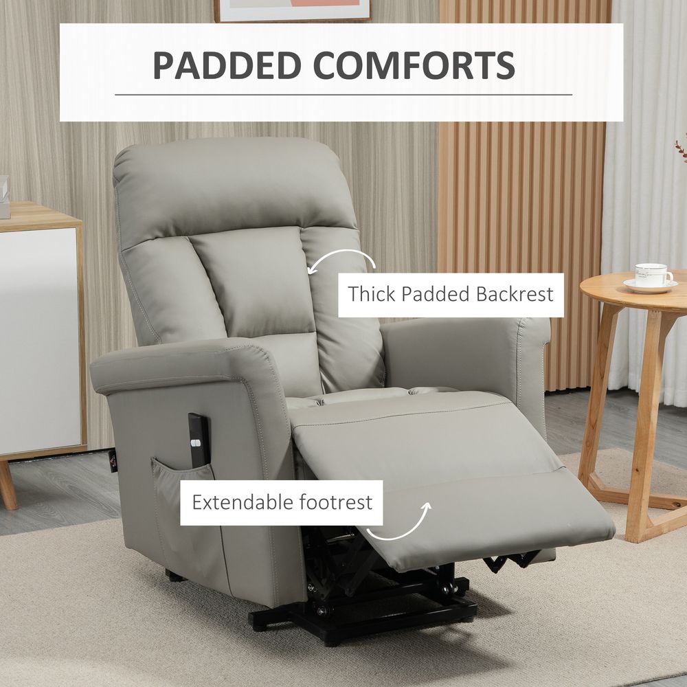 HOMCOM Power Lift Chair, PU Leather Recliner Sofa Chair for Elderly with Remote Control, Side Pocket, Grey