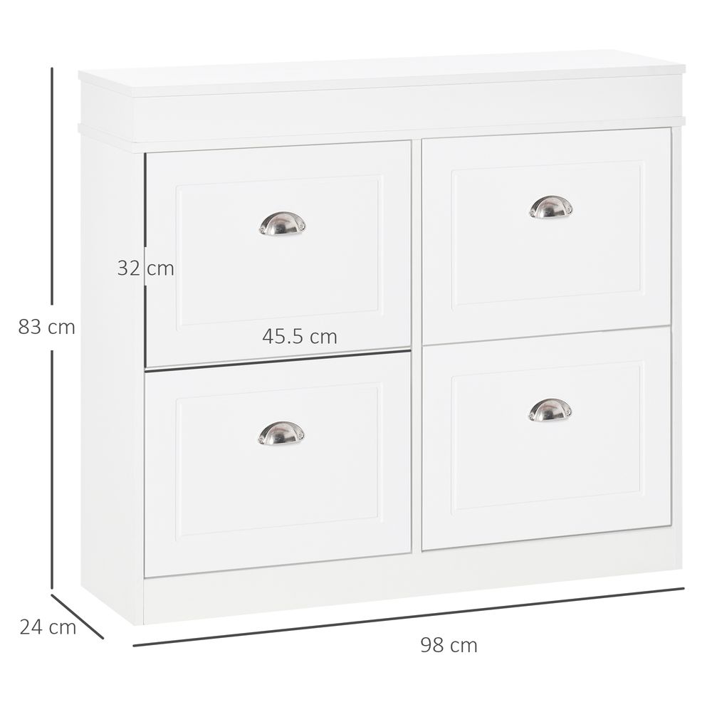 HOMCOM Shoe Cabinet with 4 Flip Drawers Wood Tipping Bucket Narrow Storage Cupboard with Adjustable Shelf, for Hallway, White, 98L x 24W x 83H cm