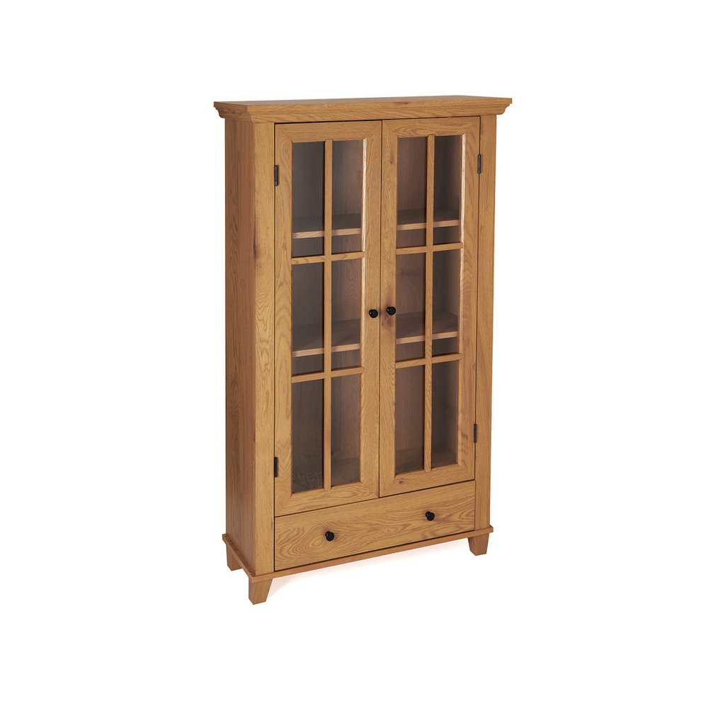 Greenhurst Display Cabinet, Media Storage with Shelving and Drawer, Double Perspex Doors H132.5 W76cm D30cm (Oak)
