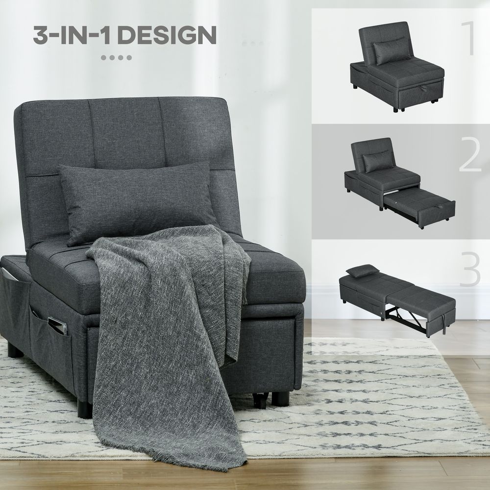 HOMCOM Folding Sofa Bed Adjustable Single Sleeper w/ Pillow Side Pocket, Grey
