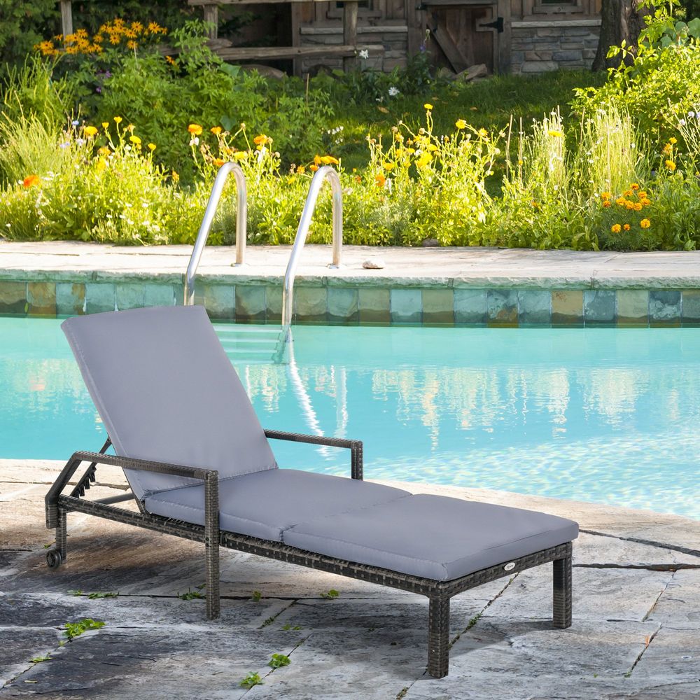 Premium Grey Rattan Sun Lounger | Adjustable Backrest & Wheels | Outdoor Garden Furniture