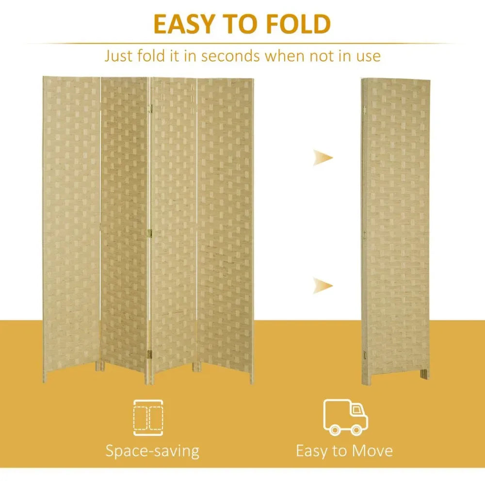 4-Panel Folding Wall Divider Room, Wave Fibre Privacy Screen Panels, Brown