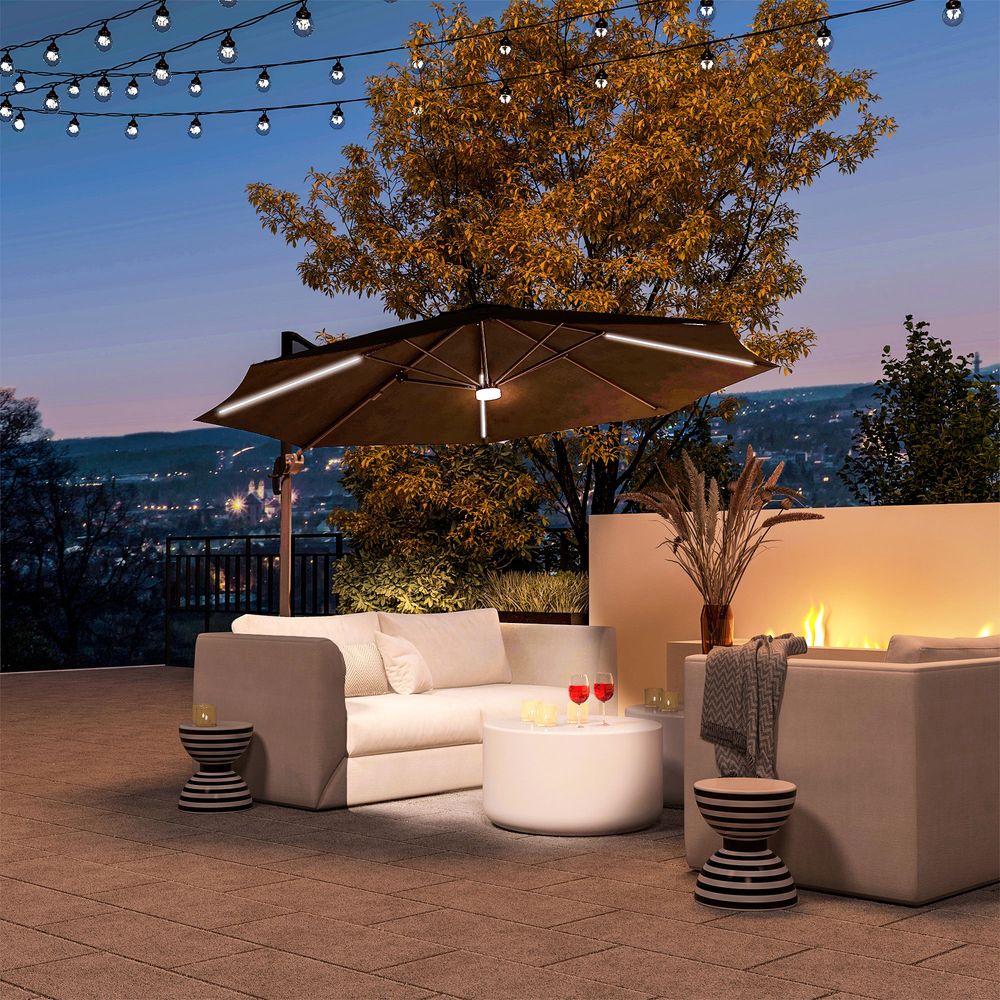 Outsunny 3m LED Cantilever Parasol Outdoor with Base Solar Lights Dark Grey