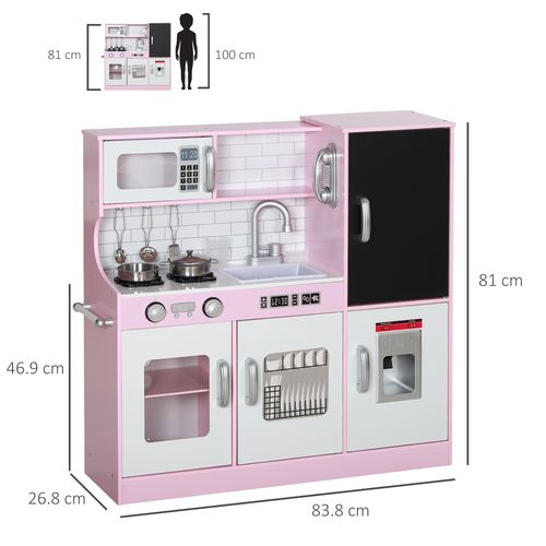 AIYAPLAY Play Kitchen, Pretend Toy Kitchen w/ Toy Phone, Chalkboard, Sink