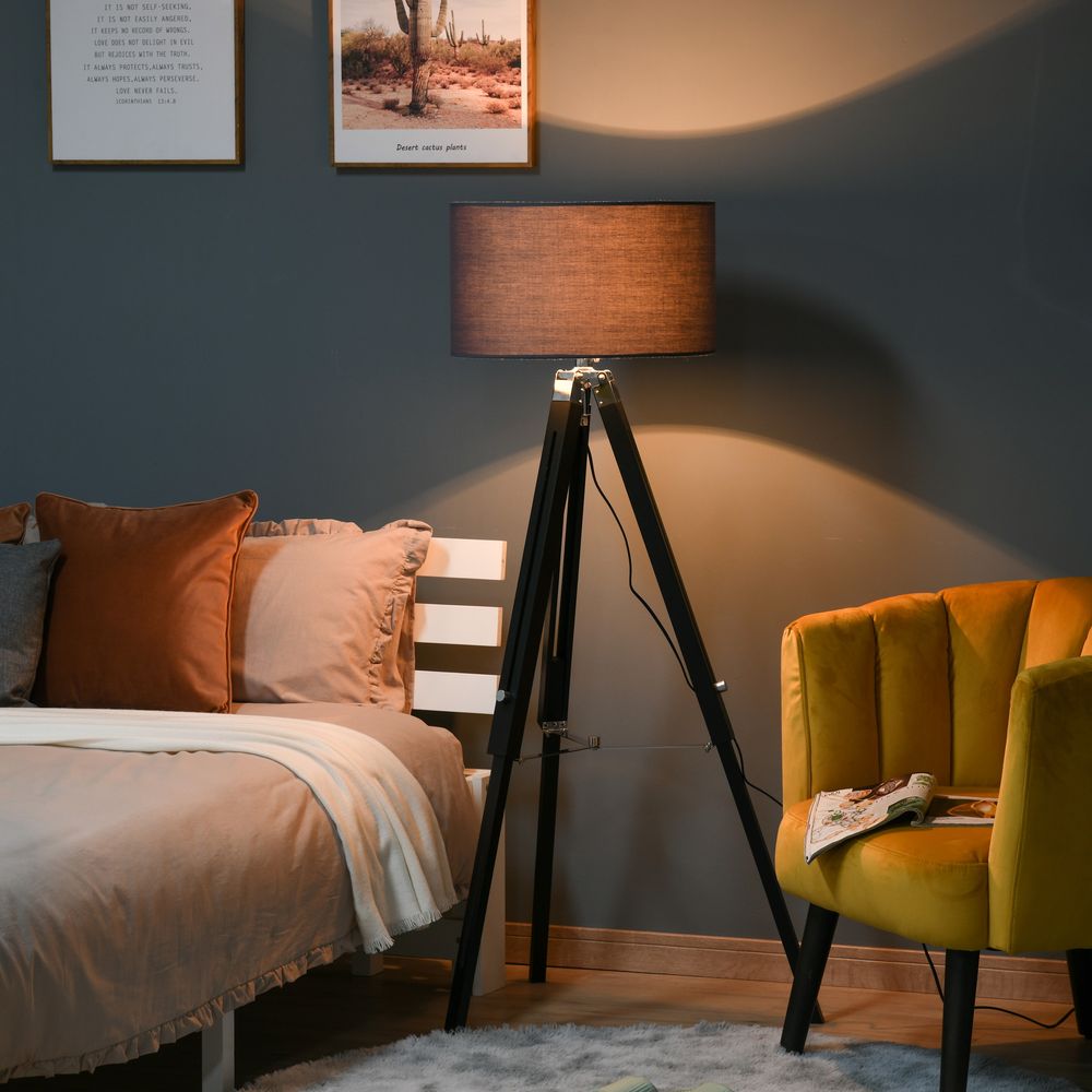 HOMCOM Modern Tripod Floor Lamps for Living Room with Fabric Lampshade, Standing Lamp for Bedroom, (Bulb not Included), Grey and Black