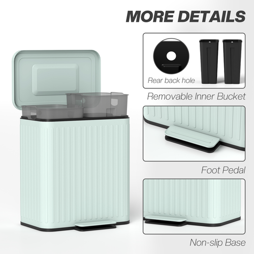 HOMCOM 2 x 20L Double Rubbish Bin, Pedal Bin with Soft-Close Lid, Green