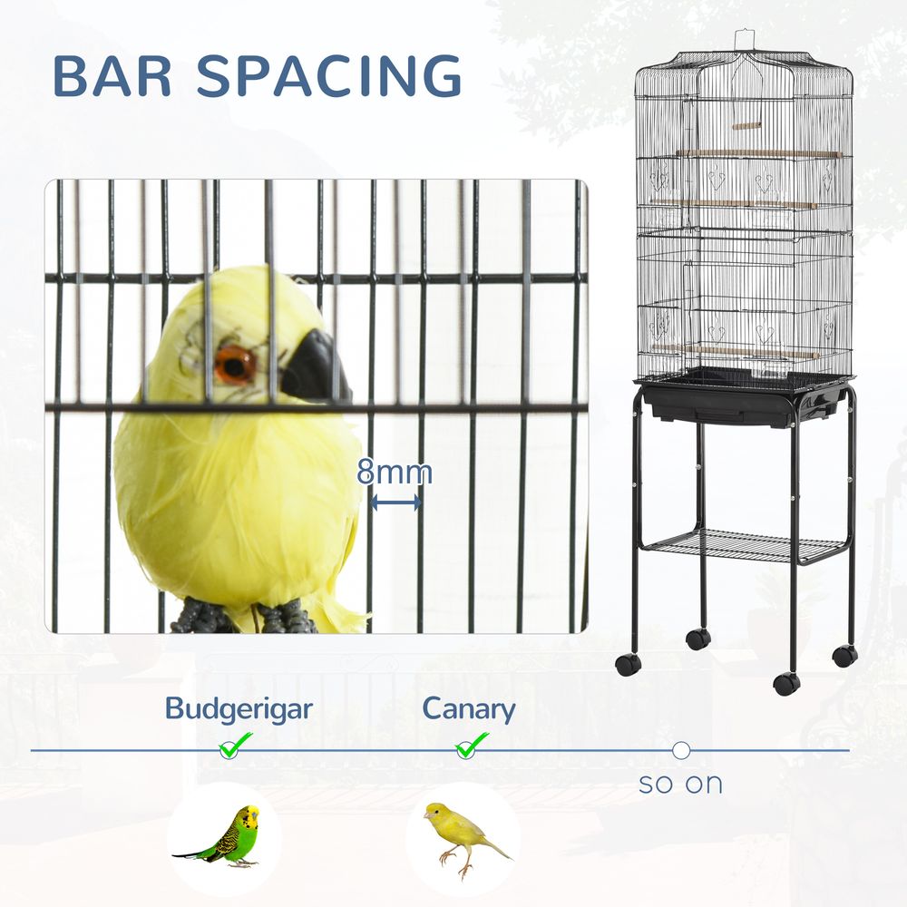 PawHut Bird Cage Budgie Cages for Finch Canary Parakeet with Stand Wheels Slide-out Tray Accessories Storage Shelf, Black 46.5 x 36 x 157 cm
