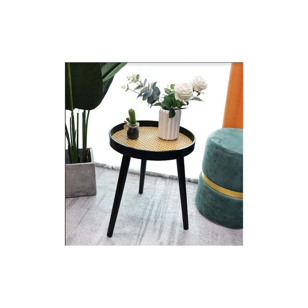 Premium Black Cane Round Side Table - Sleek & Sturdy - Best Quality