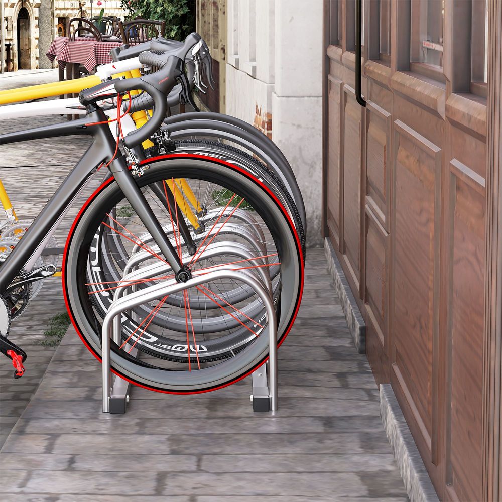 HOMCOM Parking for 4 Bicycles Steel Bike Rack on the Floor or Wall Parking for Indoor and Outdoor 110 x 33 x 27 cm Silver