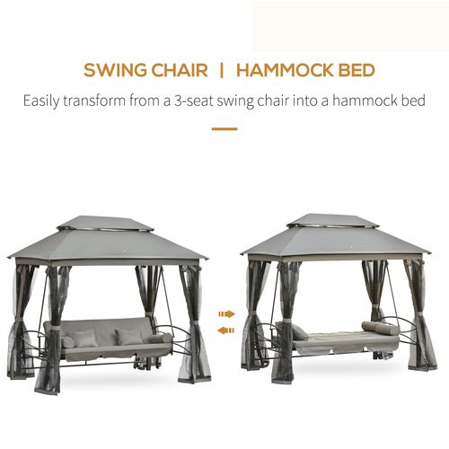 3 Seater Swing Chair Hammock Gazebo Double Tier Canopy, Cushioned Seat Grey