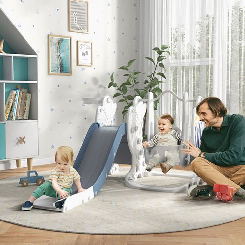 AIYAPLAY Space-Themed Slide and Swing Set for Kids w/ Basketball Hoop