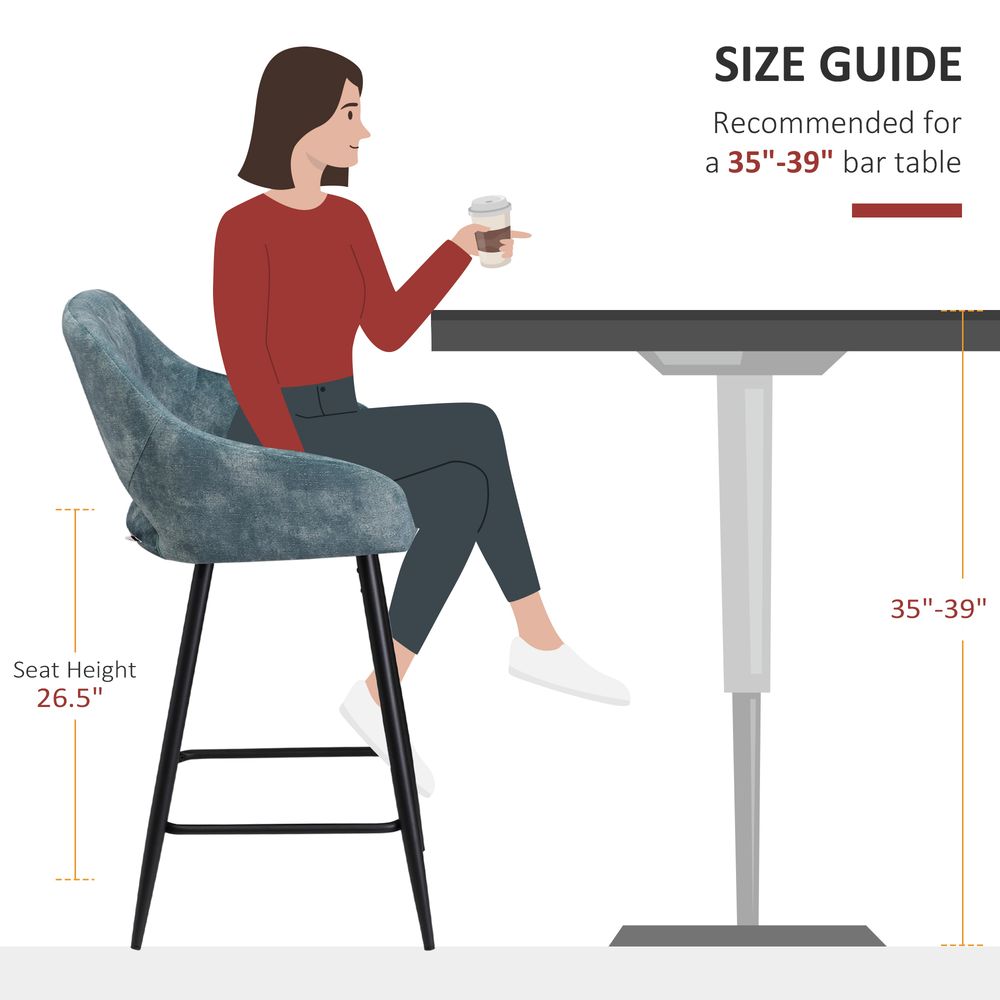 Bar Stools Set of 2, Velvet-Touch Fabric Counter Height Bar Chairs Blue HOMCOM
