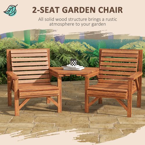 Outsunny Wooden Garden Love Seat with Coffee Table Partner Bench Tan Brown