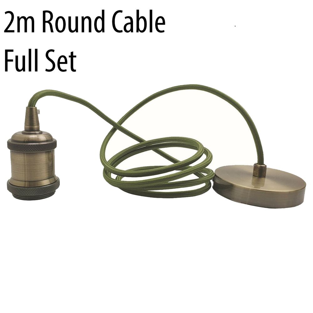Green Brass Vintage Metal Ceiling Light Fitting Army Green Round Braided Flex 2m E27 Lamp Holder