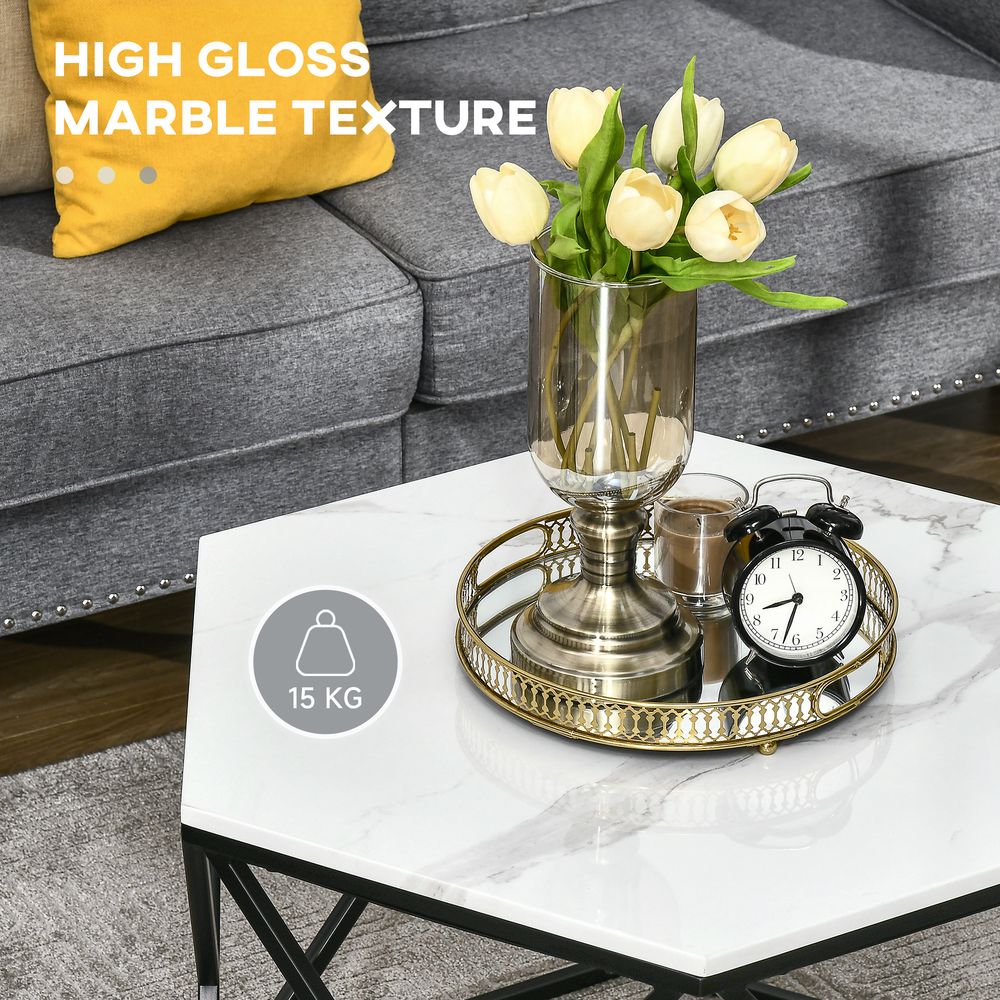 HOMCOM Hexagonal Coffee Table with High Gloss Marble Effect Table Top, Modern Cocktail Table with Steel Frame for Living Room, White