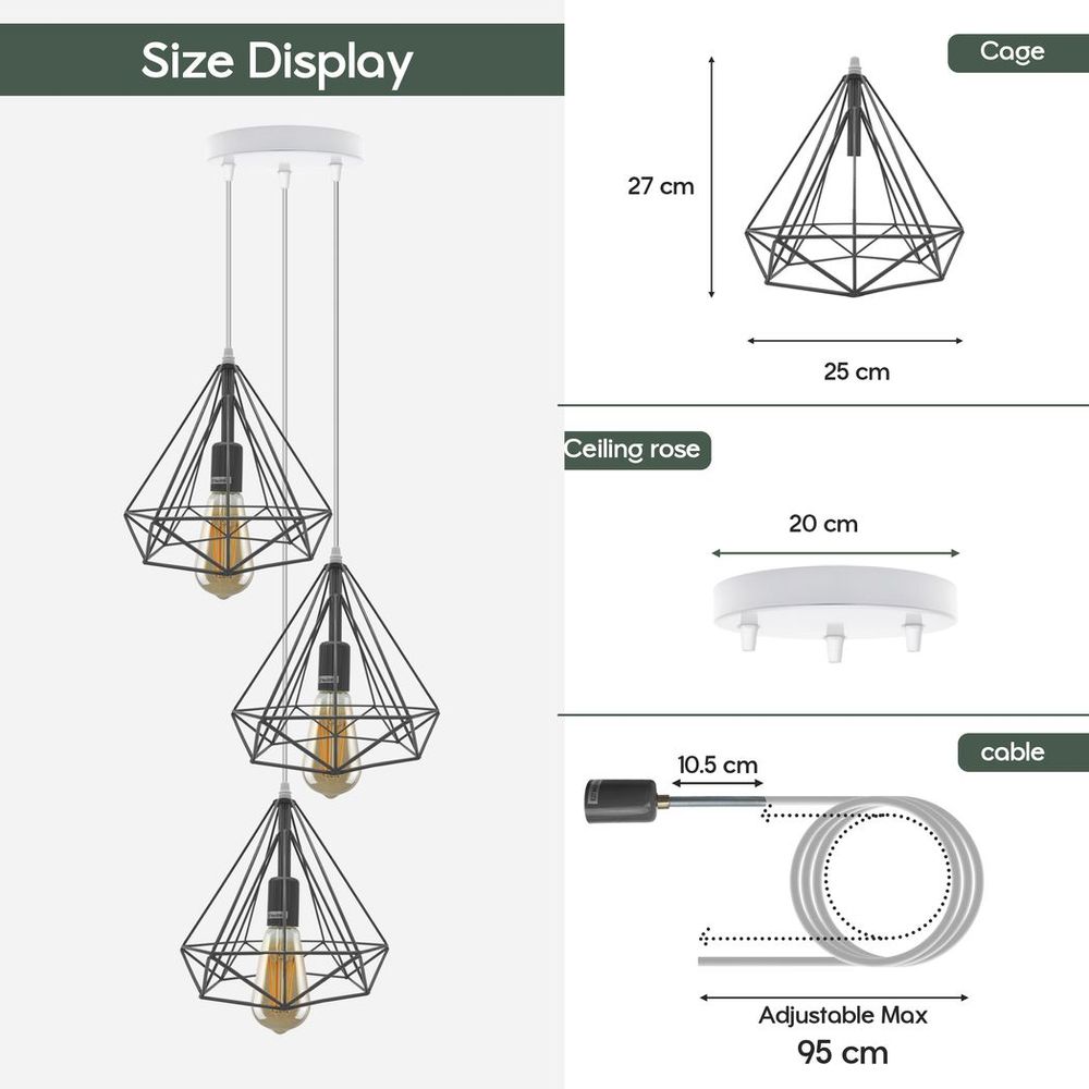 Vintage Industrial 3 Head Ceiling Pendant Lamp - Metal Cage Shade - Loft Style - E27 Base - High Quality - CE Certified