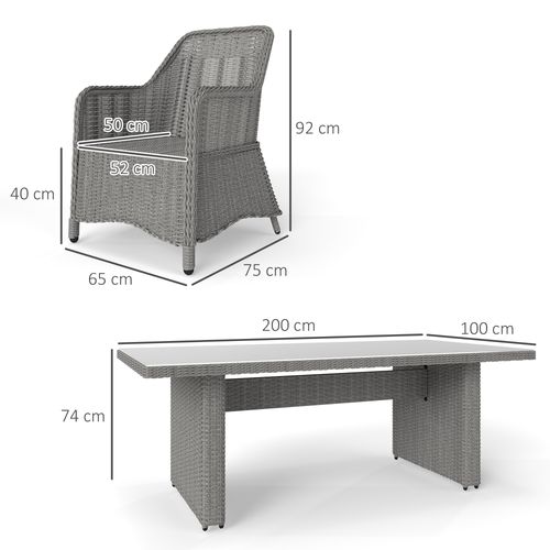 Outsunny 6 Seater Rattan Dining Set with Glass Top Table and Cushions, Grey