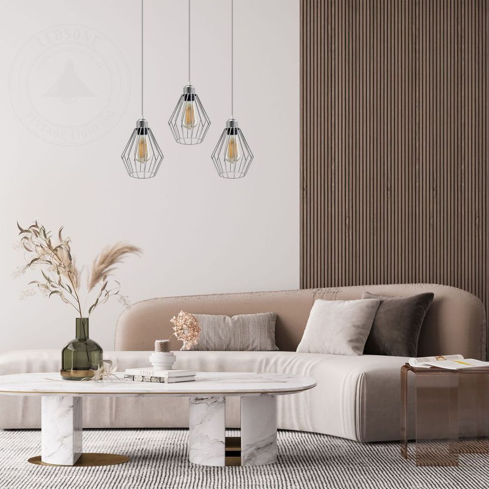 Easy Fit Chrome Retro Vintage Ceiling Lamp - Loft Style, 3 Head, E27 Base