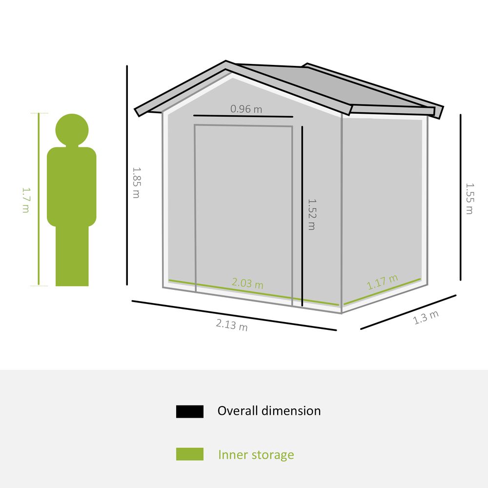 Outsunny 7 x 4ft Metal Garden Shed, Outdoor Storage Tool House with Ventilation Slots, Foundation Kit and Lockable Double Doors, Green