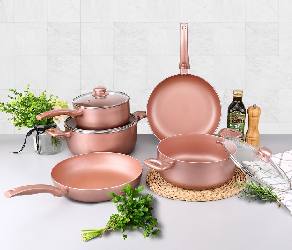8pc Rose Gold Pan Set - Trendy, Efficient, and Healthier Cooking