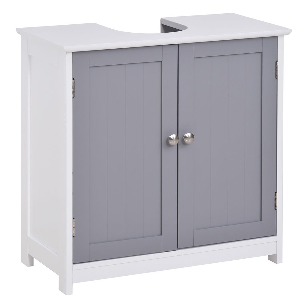 kleankin 60x60cm Under-Sink Storage Cabinet w/Adjustable Shelf Handles Drain Hole Bathroom Cabinet Space Saver Organizer White and Grey