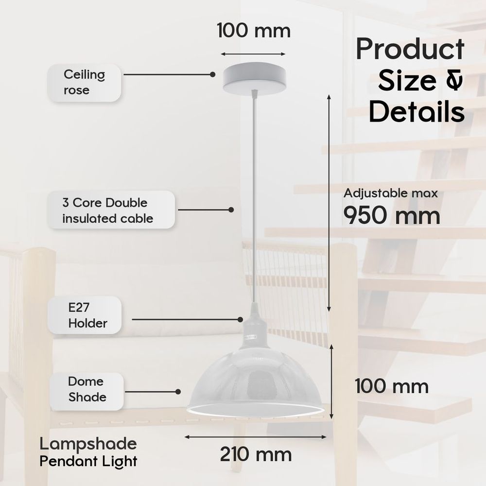2Pack Dome Metal Pendant Lights | Sturdy, White Loft Style | Spray Painted Finish | Inner White | 21cm Bottom | High Quality